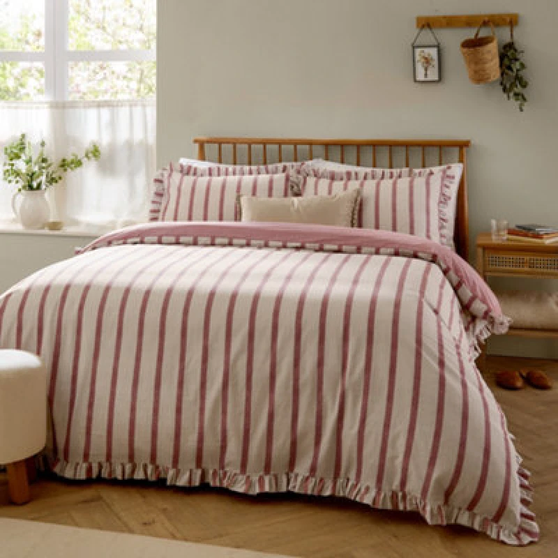 Image of Wylder Connie Striped Ruffle Duvet Cover Set, Clay Pink, Single