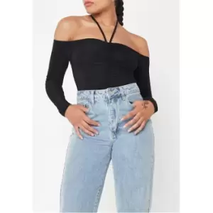 image of Missguided Off Shoulder Ruched Slinky Bodysuit - Black