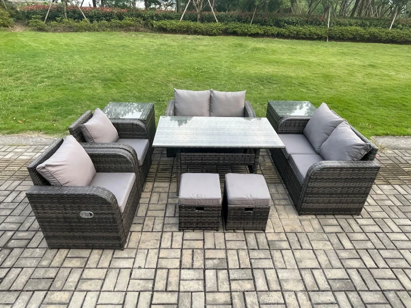 Image of Fimous Outdoor Rattan Garden Furniture 9 piece Grey Patio Furniture Set 8 Seater Lounge Sofa Set with Reclining Chairs in Dark Grey Dark Grey Unisex