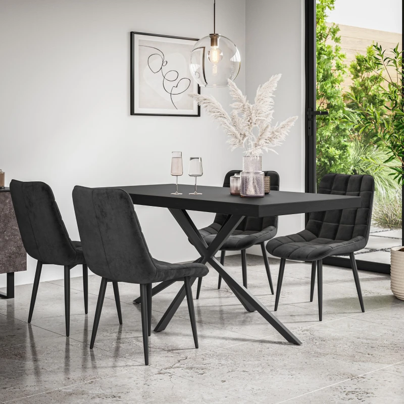 Image of More4Homes Donni Dining Table And Chairs - Black Table Top W Black Legs + Nova Velvet Dining Chair Set Of 4 (Black)