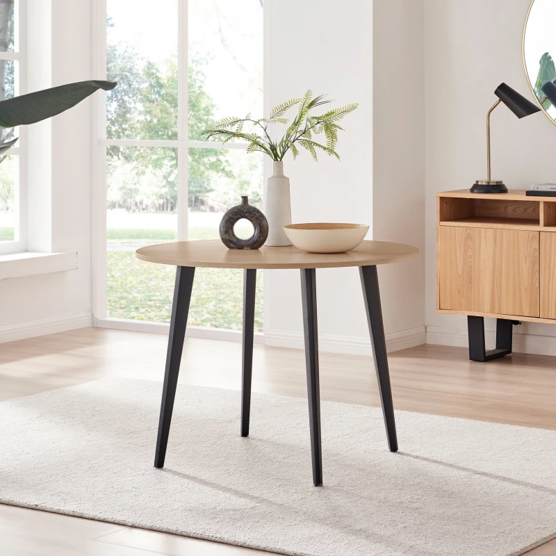 Image of FurnitureboxUK FurnitureboxUK Koko 4-Seater Round Melamine Scratch Resistant Dining Table With Black Legs in Light Oak Light Oak One Size Unisex 50565