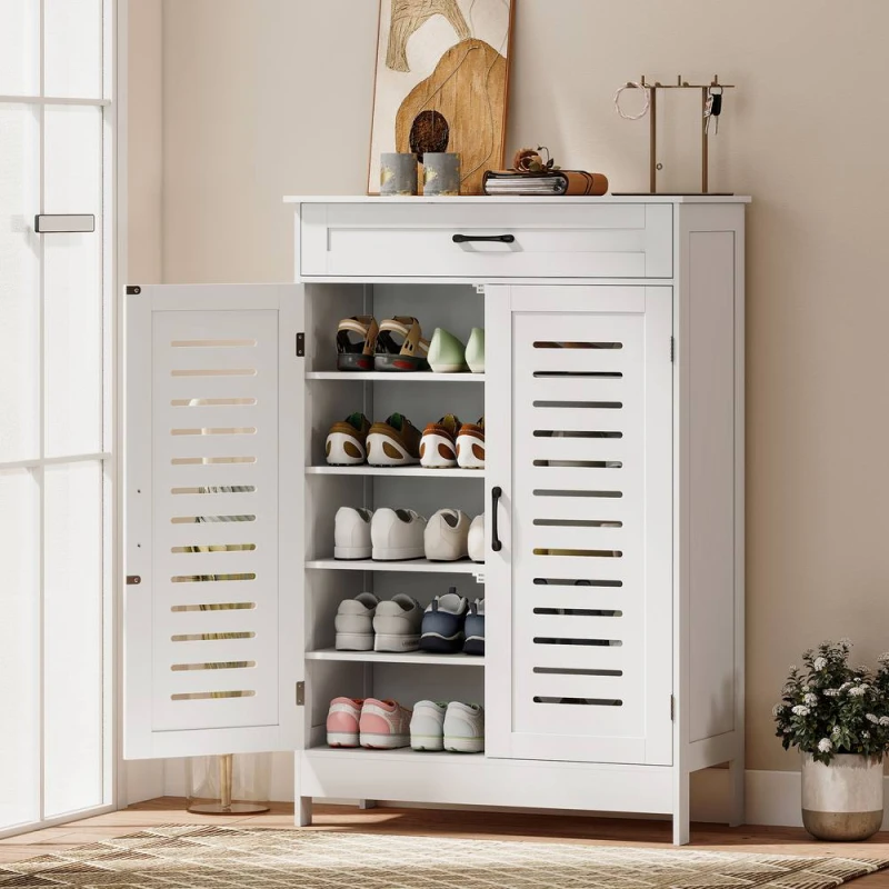 Image of HOMCOM Modern Shoe Storage Cabinet with Louvered Doors & Drawer in White White Unisex