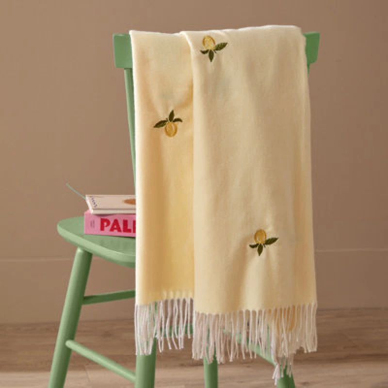 Image of Furn Fruits Lightweight Embroidered Throw in Yellow Size: 130cm x 180cm Yellow Unisex 130cm x 180 cm