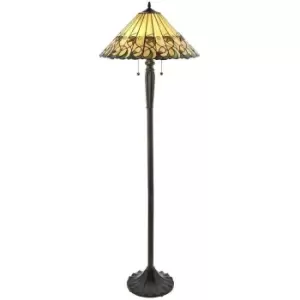 image of 1.6m Tiffany Twin Floor Lamp Dark Bronze & Amber Stained Glass Shade i00017