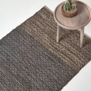 Image of Grey Recycled Leather Handwoven Herringbone Rug, 150 x 240cm - Grey - Homescapes
