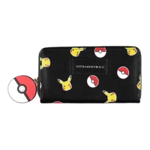 Image of POKEMON Pika & Pokeball All-Over Print Zip Around Purse Wallet, Female, Black (GW667830POK)