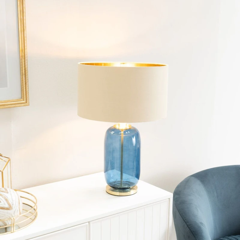 Image of ValueLights ValueLights Leigh Beige with Gold Shade with Navy Blue Glass and Gold Table Lamp & LED Bulb Blue One Size Unisex 5059406049729