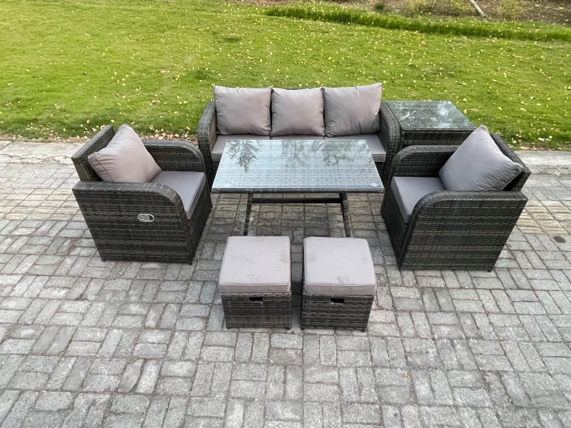 Image of Fimous Rattan Wicker Garden Furniture Patio Conservatory Sofa Set with Rectangular Dining Table Reclining Chair Dark Grey unisex