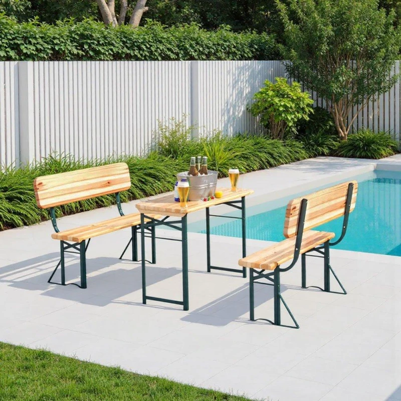 Image of Breeins Camping Rustic Wooden Folding Garden Benches Table Set Brown unisex One size