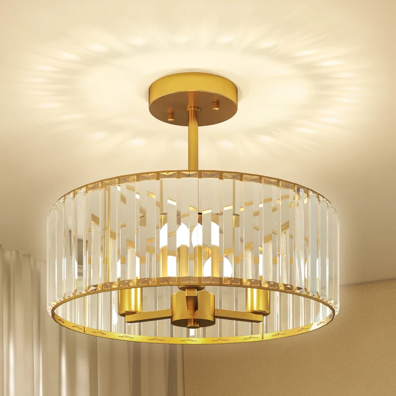 Image of HOMCOM Semi Flush Mount Modern Crystal Chandelier Ceiling Light, Gold Tone Gold Unisex