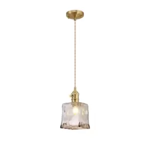 image of Leyden Switched Ceiling Pendant 1.5m, E27, Brass, Pale Gold Twisted Cable, Brown Square Glass