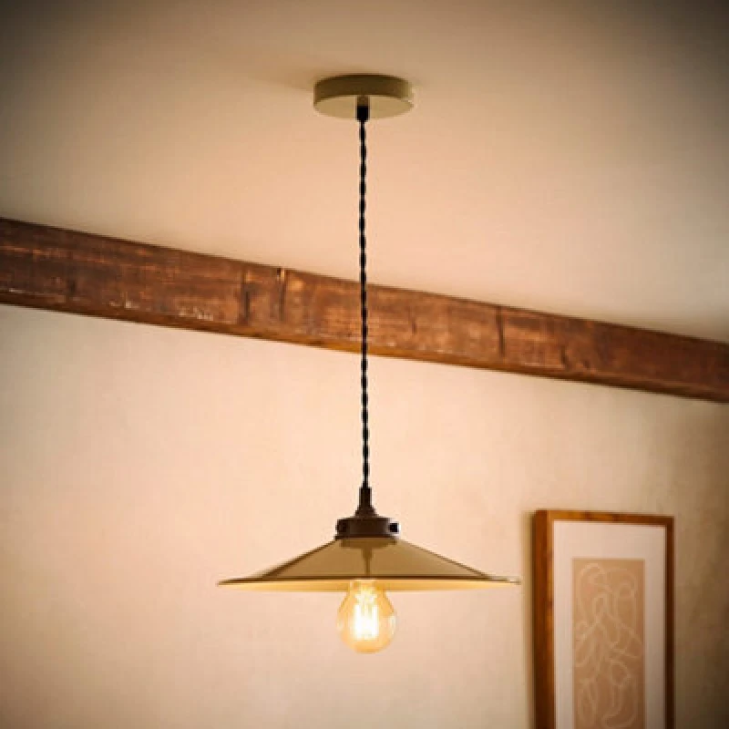 Image of ValueLights Hampstead Metal Rolled Edge Tapered Flush Ceiling Light with Bulb in Olive Olive Unisex