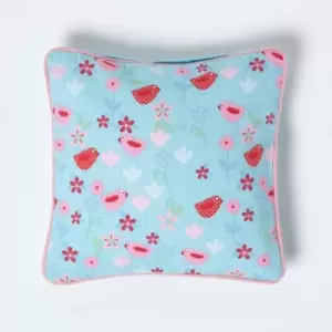 Image of Cotton Birds and Flower Cushion Cover, 30 x 30cm - Blue - Homescapes