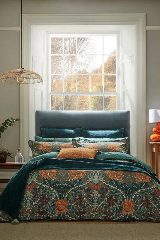 Image of Morris & Co Morris & Co 'Honeysuckle & Tulip' Cotton Duvet Cover Set in Teal Size: Super King Teal Super King Unisex 5016709684408