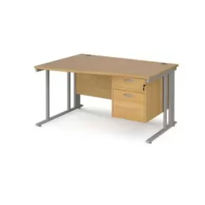 image of Office Desk Left Hand Wave Desk 1400mm With Pedestal Oak Top With Silver Frame Maestro 25 MCM14WLP2SO