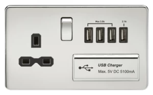 Image of KnightsBridge 2G 13A Screwless Polished Chrome 1G Switched Socket with Quad 5V USB Charger Ports - Black Insert