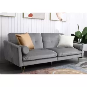 Image of Velvet Three Seater Sofa/Sofa Bed with Bolster Cushions in Grey - Grey