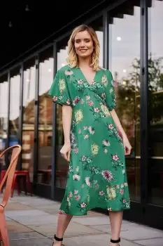 Image of Green Floral Blossom Print Kimono Dress