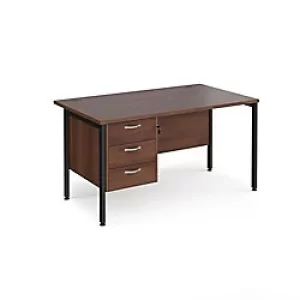 image of Rectangular Straight Desk Walnut Wood H-Frame Legs Black Maestro 25 1400 x 800 x 725mm 3 Drawer Pedestal