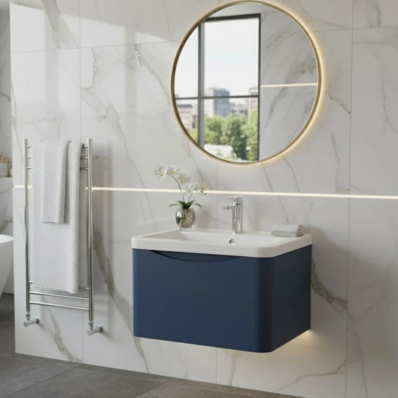 Image of Lunar Wall Mounted 1 Drawer Vanity Unit with Polymarble Basin Satin Blue