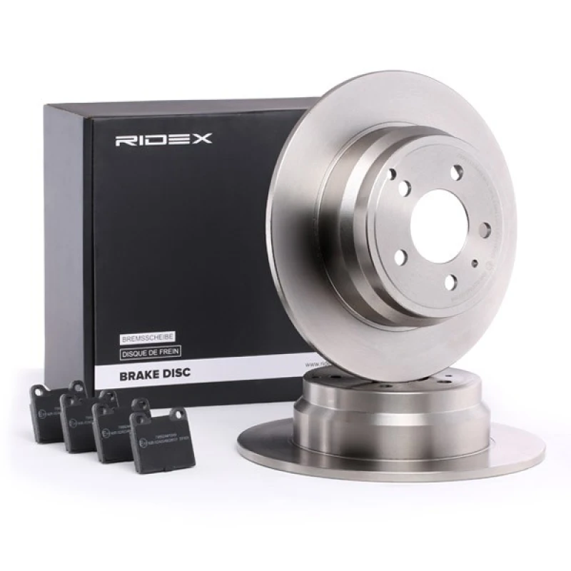 Image of RIDEX 3405B0071 Brake disc and pads set Rear Axle, Brake Disc Type: Solid, excl. wear warning contact Brake Set,disc brakes (3405)