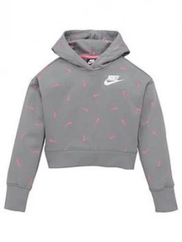 Image of Nike Girls Nsw All Over Print Cropped Hoodie - Grey Pink