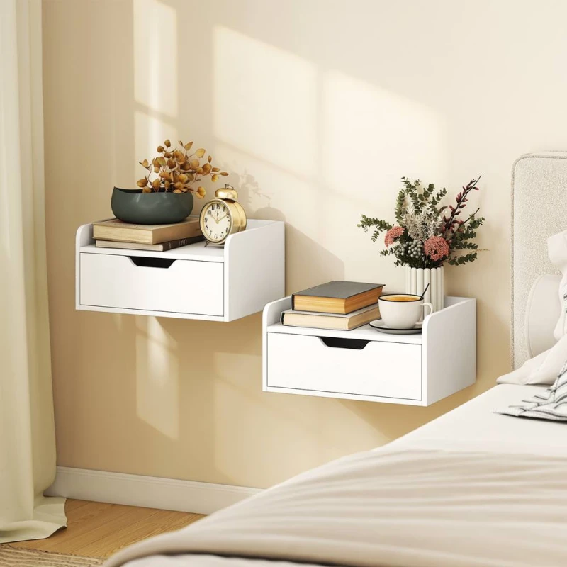Image of HOMCOM Floating Nightstands Set of 2, Nightstand with Drawer, White White Unisex
