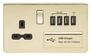 image of KnightsBridge 13A 2G Screwless Polished Brass 1G Switched Socket with Quad 5V USB Charger Ports - Black Insert