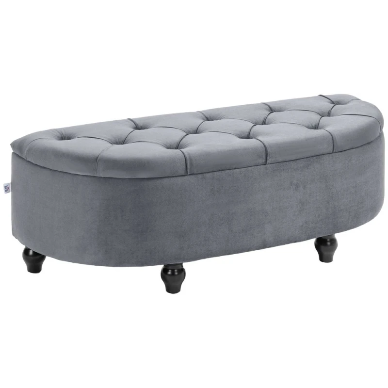 Image of HOMCOM Semi-Circle Bed End Bench Ottoman with Storage Tufted Upholstered Accent Seat Footrest Stool with Rubberwood Legs for Bedroom & Entryway Dark G