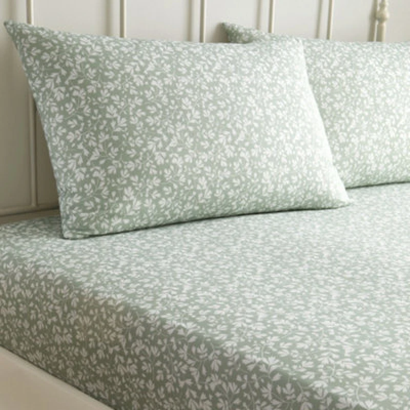 Image of Dreams & Drapes Tess Easy Care Ditsy Floral Leaf Print Green Fitted Sheet