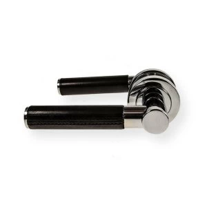 image of LocksOnline Ascot Black Leather Lever Door Handle on Round Rosette