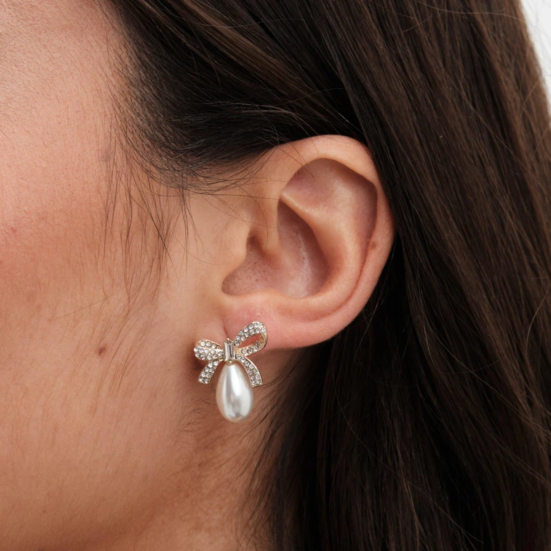 Image of Jon Richard Gold Plated Pave Bow And Pear Drop Pearl Earrings Jewellery Sets One Size Gold 42996910000