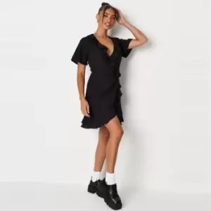 image of Missguided V Neck Ruffle Detail Mini Tea Dress - Black