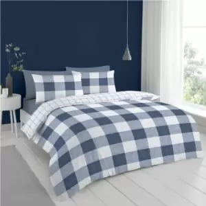 Image of Cloudsoft Bold Check Brushed Microfibre Reversible Duvet Cover Set, Blue, Double