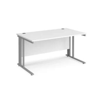 image of Office Desk 1400mm Rectangular Desk With Cable Managed Leg White Tops With Silver Frames 800mm Depth Maestro 25