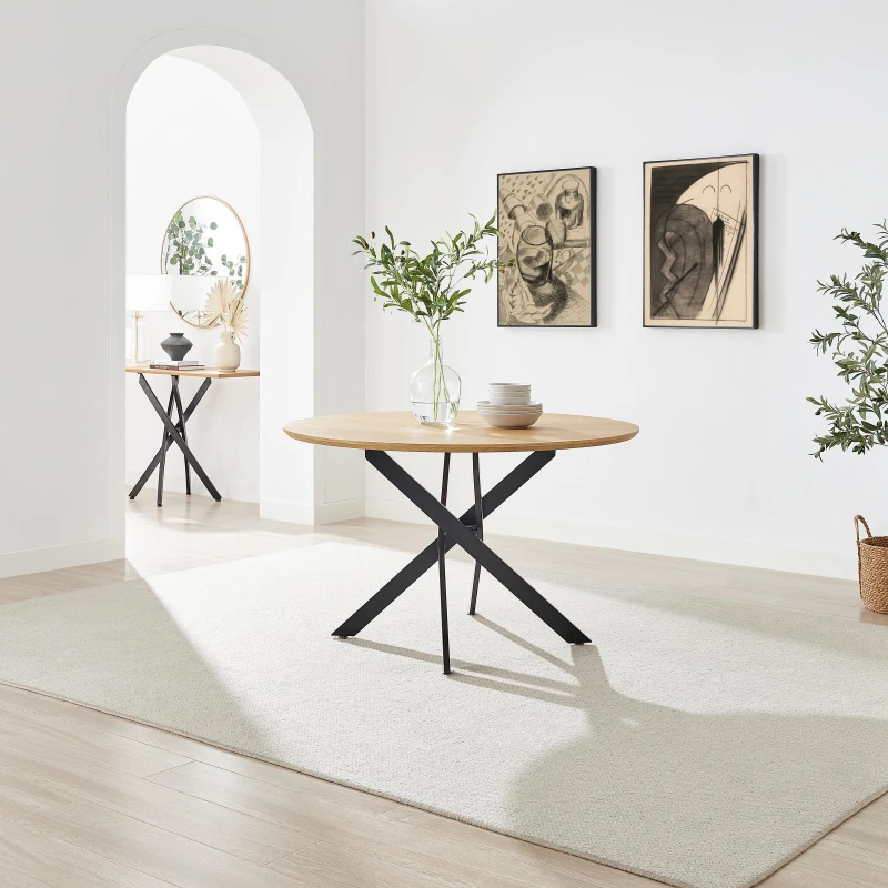 Image of FurnitureboxUK FurnitureboxUK Novara Round Oak Veneer and Black Metal 6 Seater Dining Table Black One Size Unisex 5056784308219