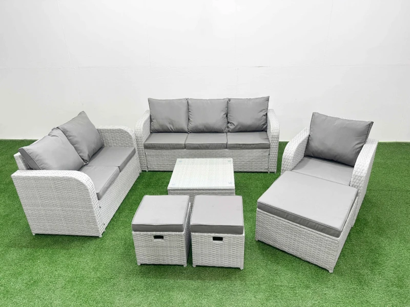 Image of Fimous Patio PE Wicker 9 Seater Outdoor Rattan Furniture Sofa Sets with Square Coffee Table Reclining Chair Loveseat Sofa 3 Seater Sofa Stool Light Gr