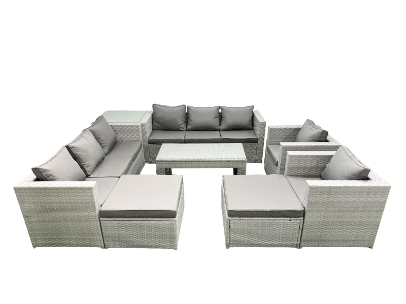 Image of Fimous Outdoor Garden Furniture Rattan Sofa Set with 2 Armchairs Oblong Coffee Table 2 Big Footstools Side Table Light Grey Mixed Light Grey