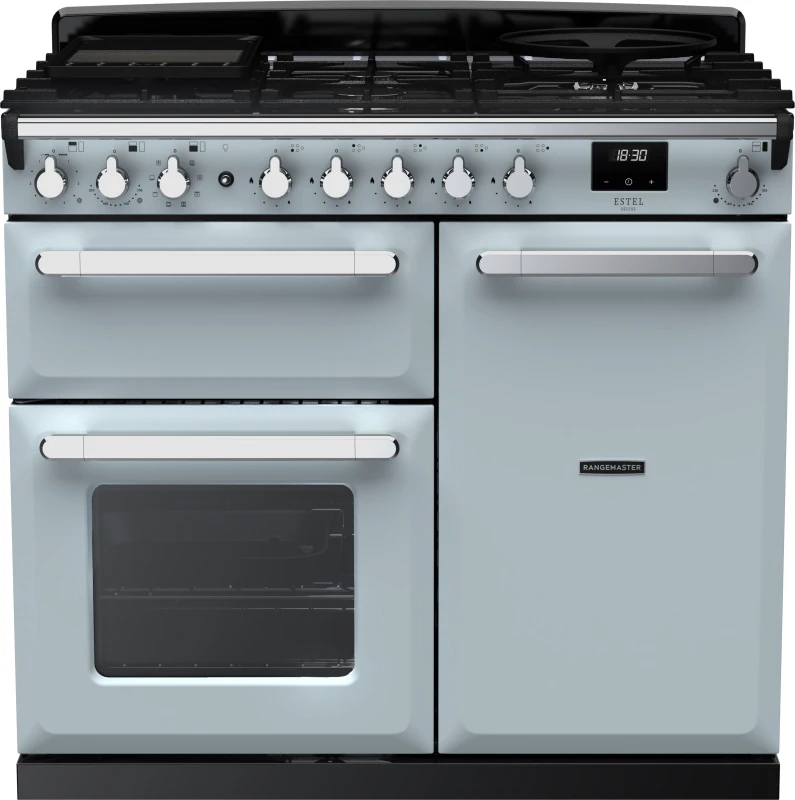 Image of Rangemaster Estel Deluxe ESDL100DFPMSB/CM1 100cm wide Dual Fuel Range Cooker with Gas Hob - Misty Blue / Chrome - A/A Rated