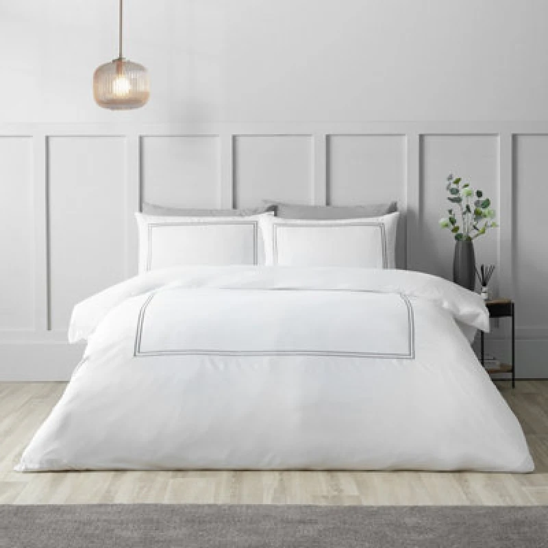 Image of Catherine Lansfield So Soft Mono Satin Stitch Duvet Cover Bedding Set White Silver
