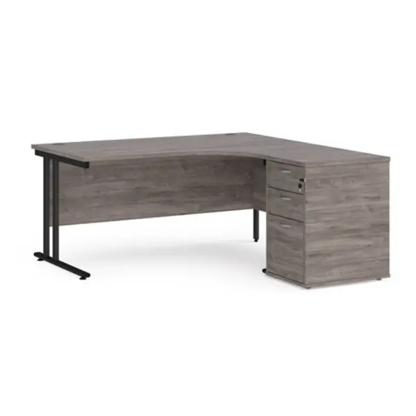 image of Office Desk Right Hand Corner Desk 1600mm With Pedestal Grey Oak Top With Black Frame Maestro 25