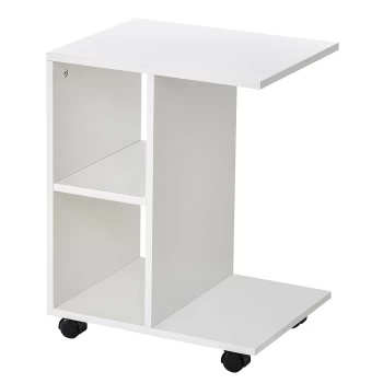 image of HOMCOM C-Shape End Table Unique Storage Unit w/ 2 Shelves 4 Wheels Freestanding Home Office Furniture Cabinet Square Studio White AOSOM UK