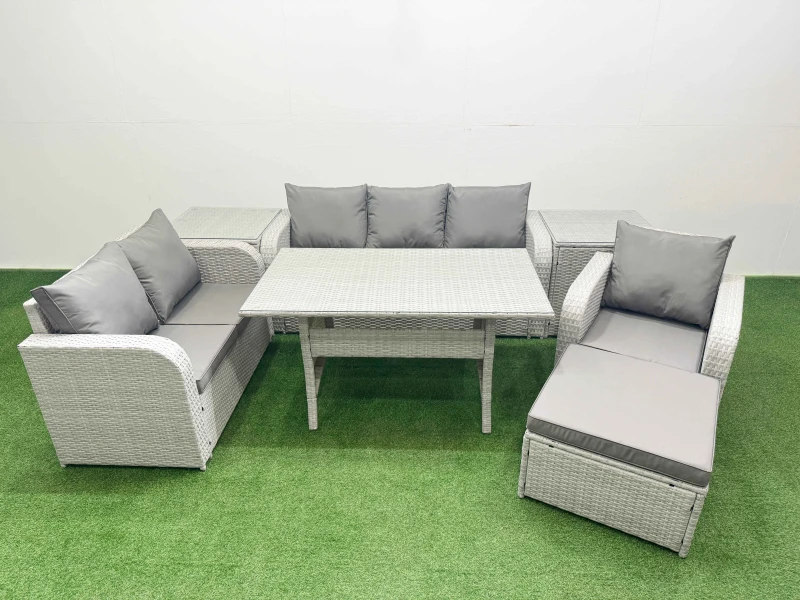 Image of Fimous Patio PE Wicker 7 Seater Outdoor Rattan Furniture Sofa Sets with Reclining Chair Loveseat Sofa 3 Seater Sofa Big Footstool 2 Side Table