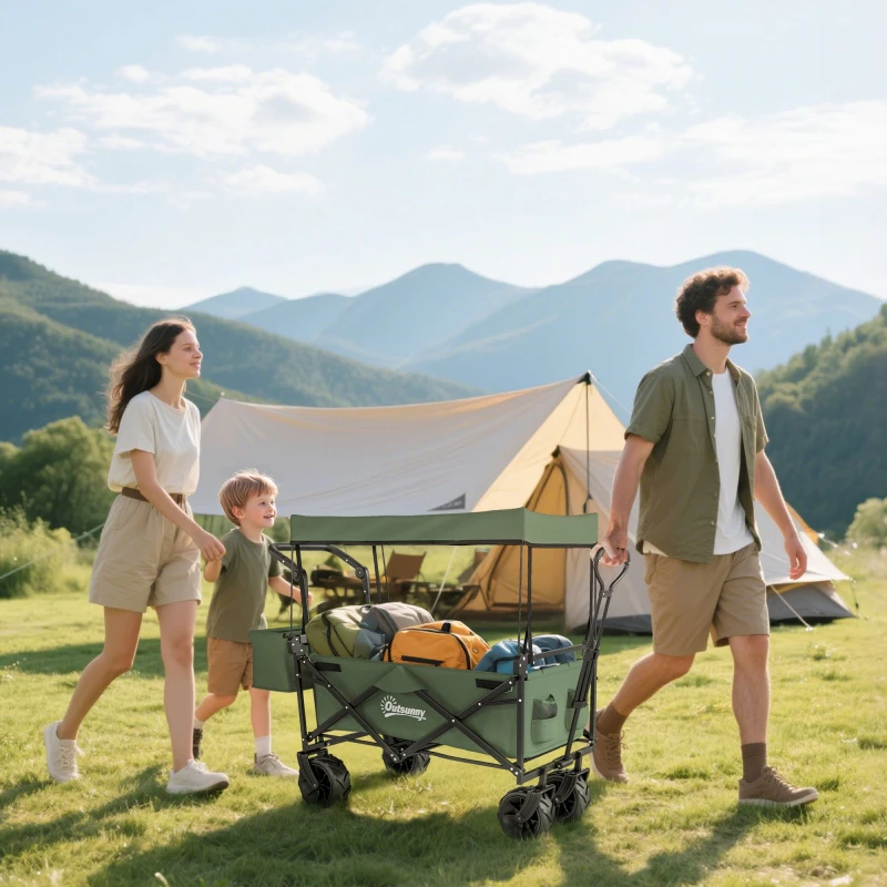 Image of Outsunny Outsunny Outdoor Push Pull Wagon Stroller Cart w/ Canopy Top Green 5056725506674