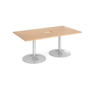Image of Trumpet base rectangular boardroom table 1800mm x 1000mm with central cutout 272mm x 132mm - silver base and beech top