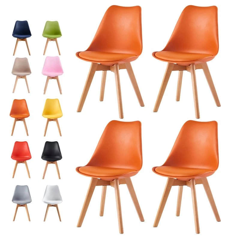 Image of MCC Direct Set of 4 Dining Chairs with Solid Wooden Legs and Padded Seat Cushions Eva Orange