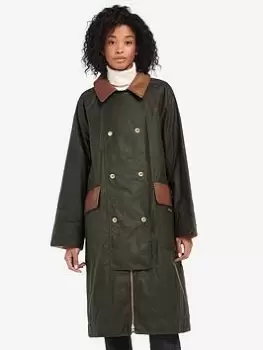 Image of Barbour Bearden Long Line Double Breasted Wax Jacket - Green, Size 16, Women