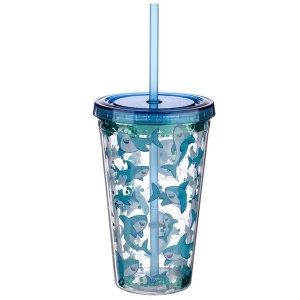 Image of Fun Shark Design Glitter Double Walled Cup with Lid and Straw