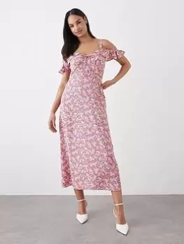 Image of Dorothy Perkins Floral Pink Cold Shoulder Midi Dress - Pink, Size 16, Women