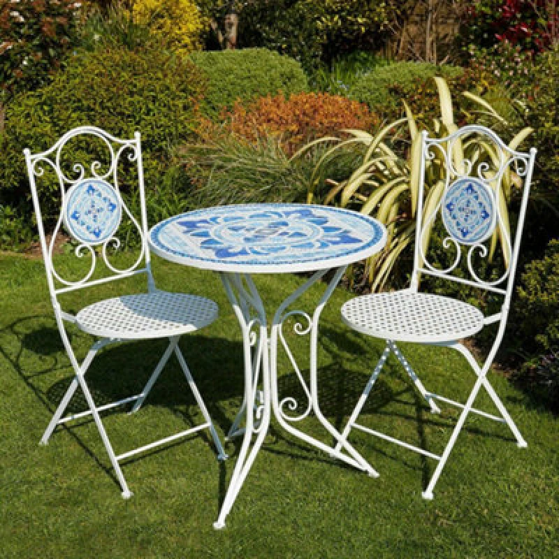 Image of Home Source Fenton Mediterranean Mosaic Garden Patio Bistro Set White